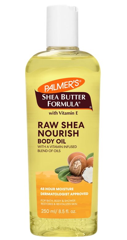A bottle of Palmer's Shea Butter Body Oil, emphasizing its rich formula designed for deep skin hydration and softness.