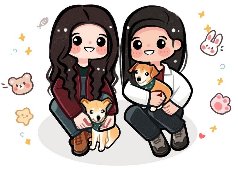 Two girls play with dogs and various other animals in a sunny outdoor setting.  