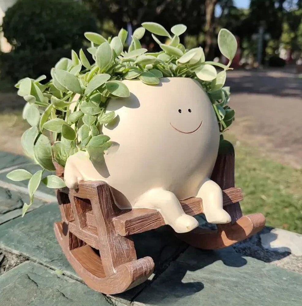 Cute round planter with a smiling face sits in a wooden rocking chair. Green leaves sprout from the top, resembling hair. Sunny, outdoor setting.
