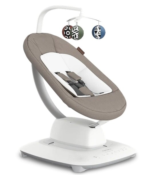 A baby swing featuring a white base and a soft gray cover, designed for comfort and safety.