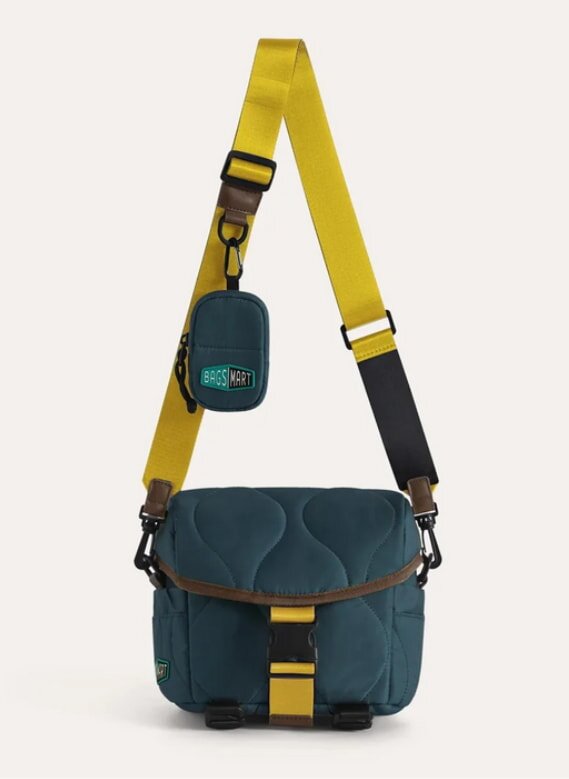 A small camera bag featuring a blue and yellow color scheme, designed for easy transport of photography equipment.