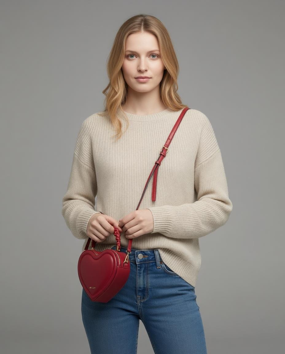 A woman in a beige sweater and blue jeans holds a small red heart-shaped handbag. The background is neutral gray, creating a simple and serene tone.