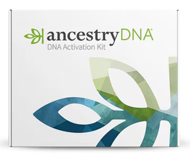 AncestryDNA kit box with green and blue leaf design, labeled "DNA Activation Kit" for genetic testing and ancestry exploration.