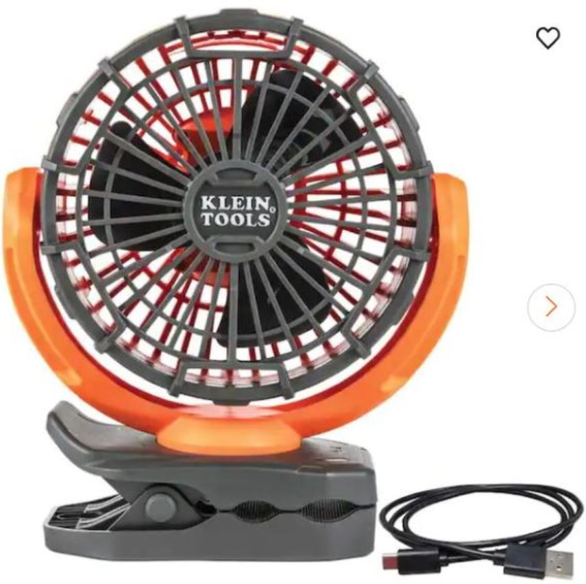 Klein Tools portable orange and gray mini fan with USB cord