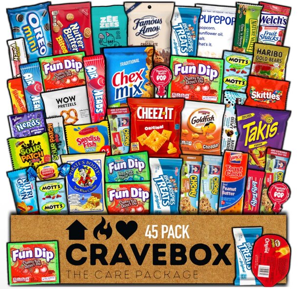 A care package filled with an assortment of snacks, including chips, cookies, and dried fruit.