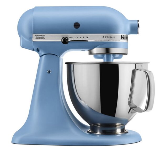 Blue KitchenAid Artisan stand mixer on a white countertop, showcasing its sleek design and powerful mixing capabilities.
