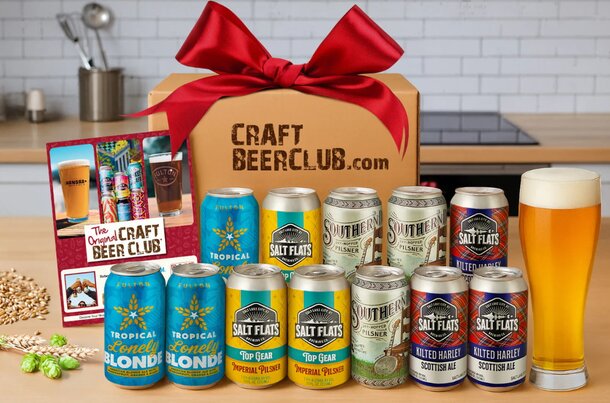 A gift box featuring an assortment of craft beers, elegantly packaged for beer enthusiasts.