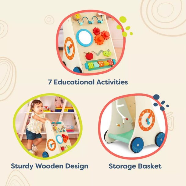 A colorful wooden walker toy designed for children, promoting mobility and play while enhancing motor skills.