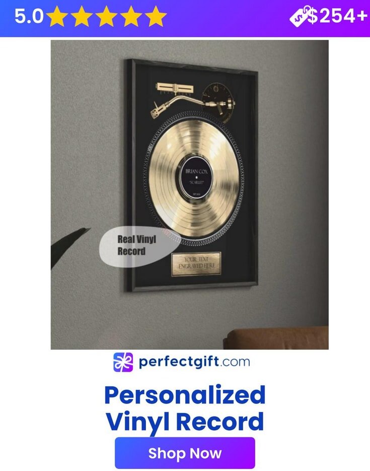 Framed gold vinyl record with engraving, rated 5 stars, priced at $254+. Perfect gift, personalized option available.
