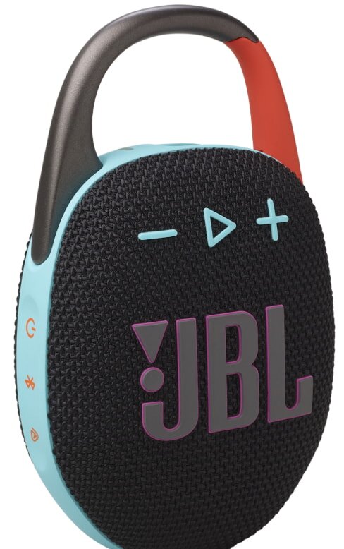 Portable JBL Bluetooth speaker with a textured black surface. Blue plus, minus, and play buttons are visible. A handle and brand logo provide a modern vibe.