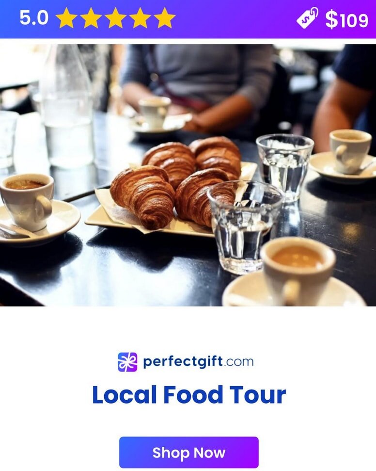 Croissants and coffee on a table, perfectgift.com Local Food Tour ad with a 5-star rating and $109 price tag. Shop Now button.