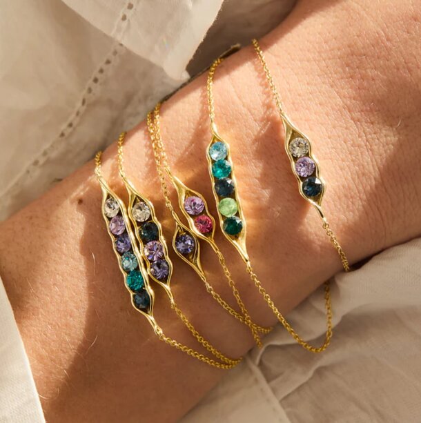 A close-up of a woman’s wrist adorned with a gold bracelet designed with a pair of peas in a pod.