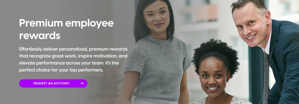 The phrase "premium employee rewards" is prominently displayed on a vibrant purple background.