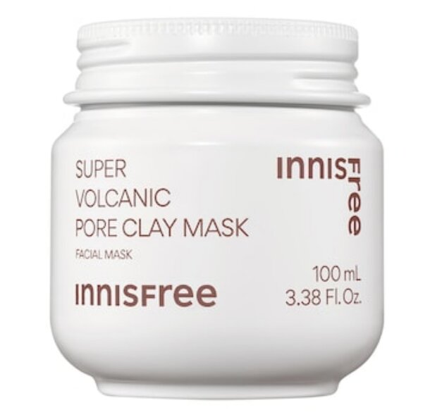 Innisfree volcanic pore clay mask in a jar, designed to absorb excess oil and minimize pores for clearer skin.
