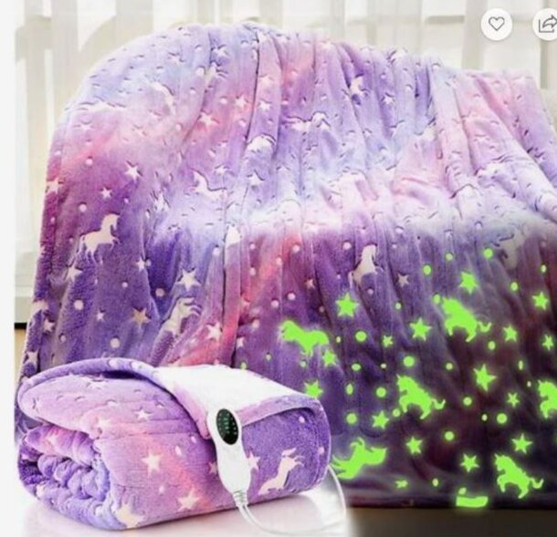 A purple blanket featuring a whimsical unicorn design, perfect for adding a touch of magic to any room.