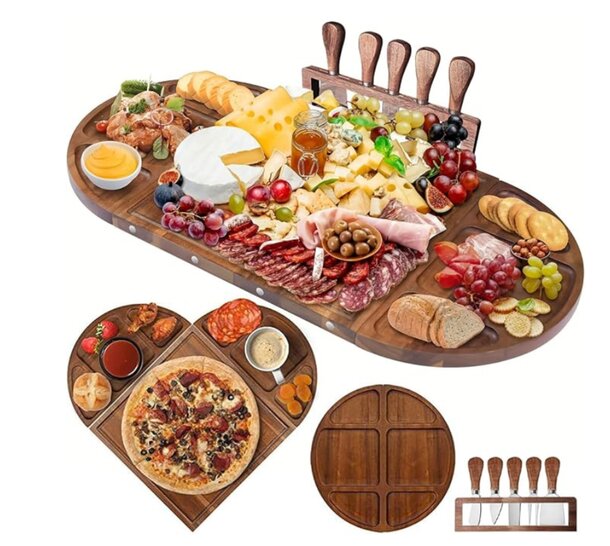 A wooden platter displaying an assortment of cheese, cured meats, and slices of bread arranged artfully.