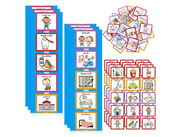 A collection of cards featuring images of various people and objects arranged on a flat surface.