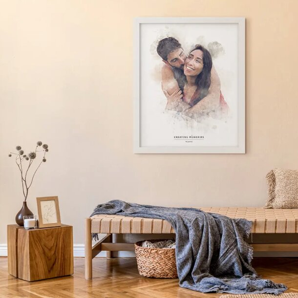 Watercolor portrait of a couple, showcasing their affection and connection in soft, blended colors.