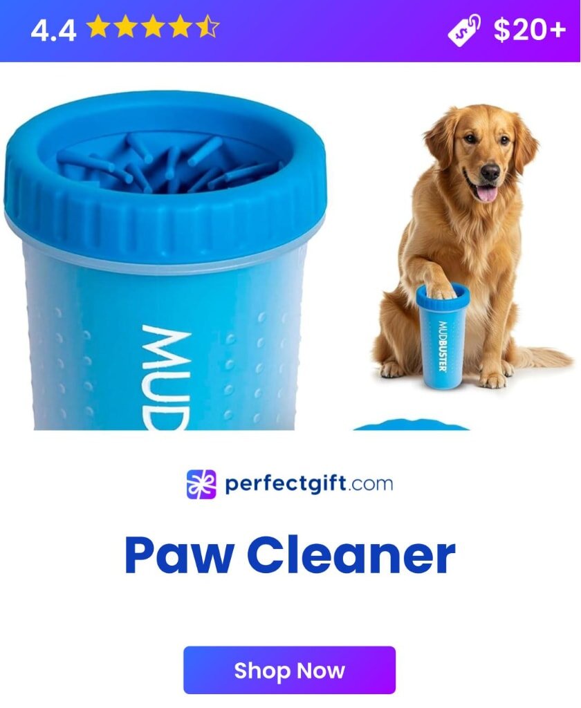 A pet paw cleaner designed to remove dirt and mud from pet paws after walks, featuring a soft brush and a container.