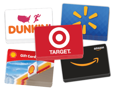 Assorted gift cards from various retailers.