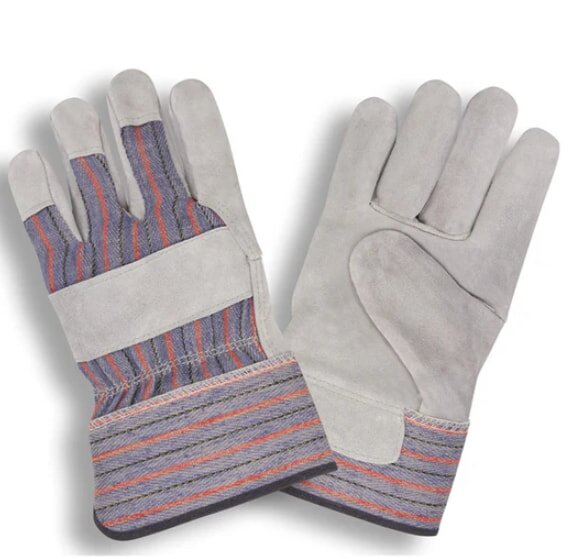 A pair of gray work gloves featuring blue and red stripes across the wrist area.