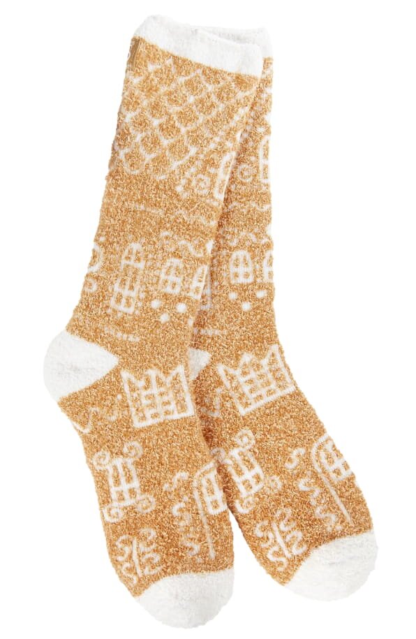 A pair of socks featuring a colorful house design on each sock.