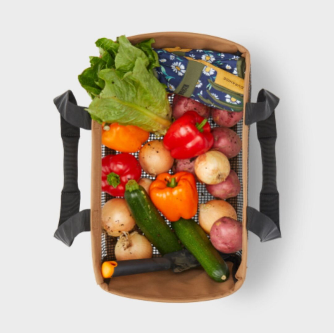 A variety of fresh vegetables and fruits packed in a bag against a white backdrop.