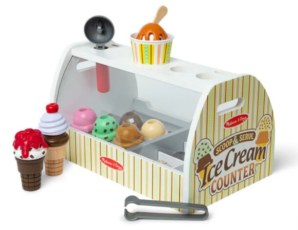 Colorful ice cream maker play set with various toppings and cones, designed for imaginative play and creativity.