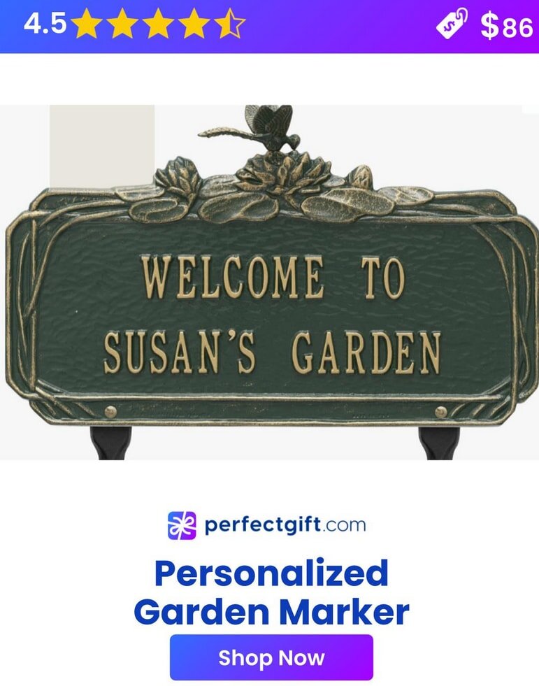 Welcome to Susan's Garden sign with floral design, rated 4.5 stars, priced at $86. Perfect gift for garden lovers.