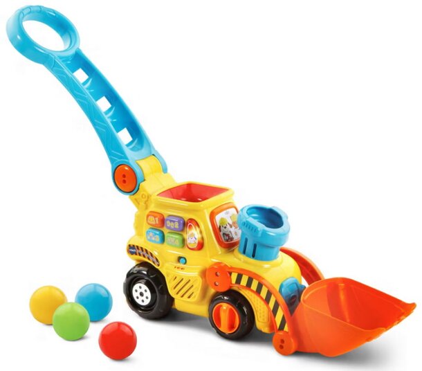 A toy construction vehicle surrounded by colorful balls in a vibrant ball pit, inviting play and imagination.