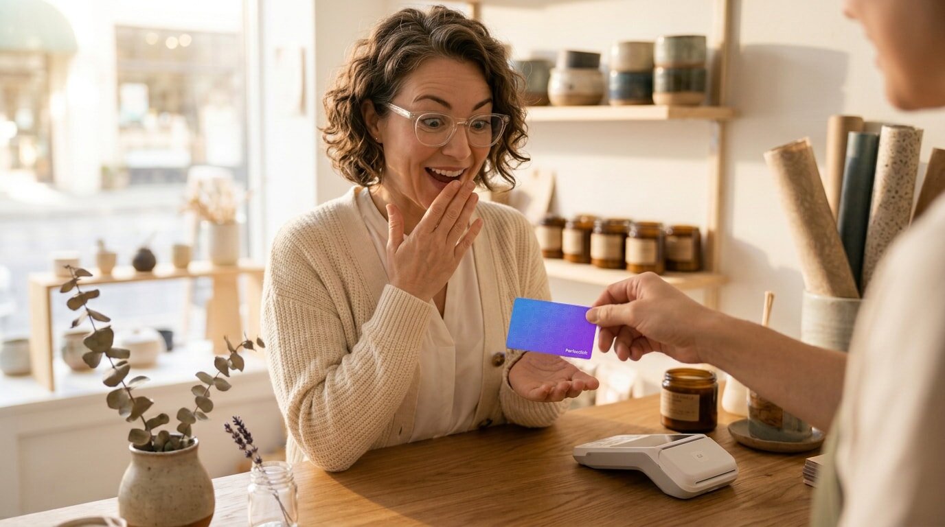 A smiling woman holds a credit card, conveying a sense of satisfaction and financial empowerment. 
