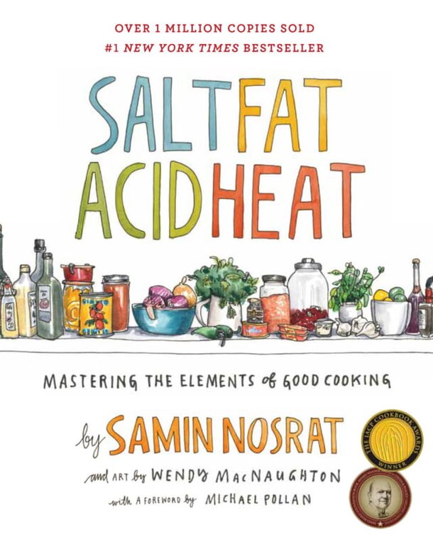 Book cover of "Salt, Fat, Acid, Heat" featuring bold typography and a colorful design representing cooking elements.