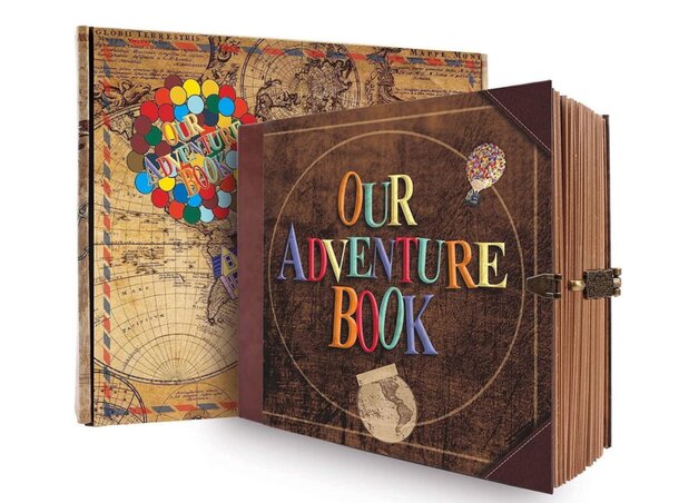 An open adventure book displaying vibrant illustrations and handwritten notes, capturing memories from exciting travels.