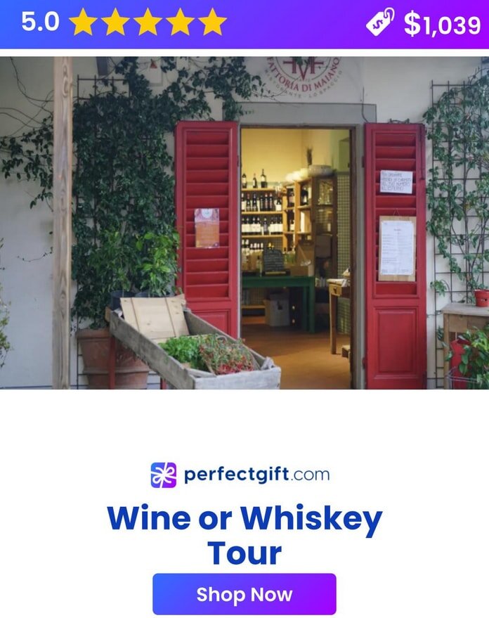 Wine or whiskey tour offer with a 5-star rating, showing a cozy shop entrance with red doors and lush greenery. Price: $1,039.