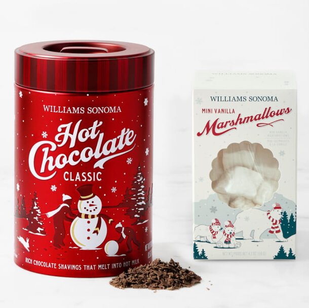 Classic hot chocolate gift set from Williams Sonoma, featuring rich cocoa and gourmet marshmallows in elegant packaging.