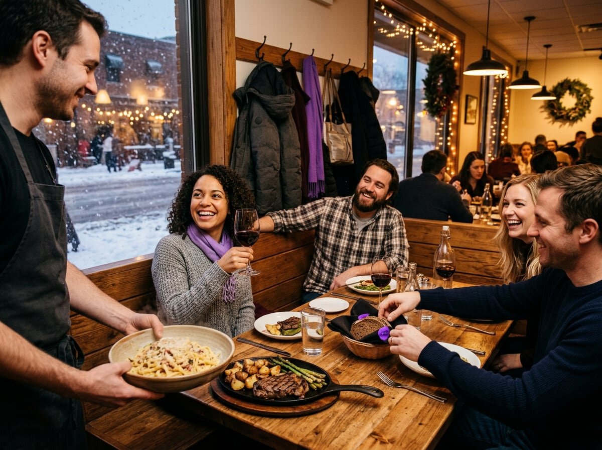 Group of friends laughing over a relaxed restaurant dinner during the winter holiday break as a server brings pasta and steak to their booth
