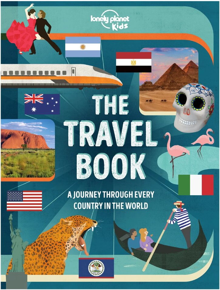 The Travel Book cover with landmarks and flags