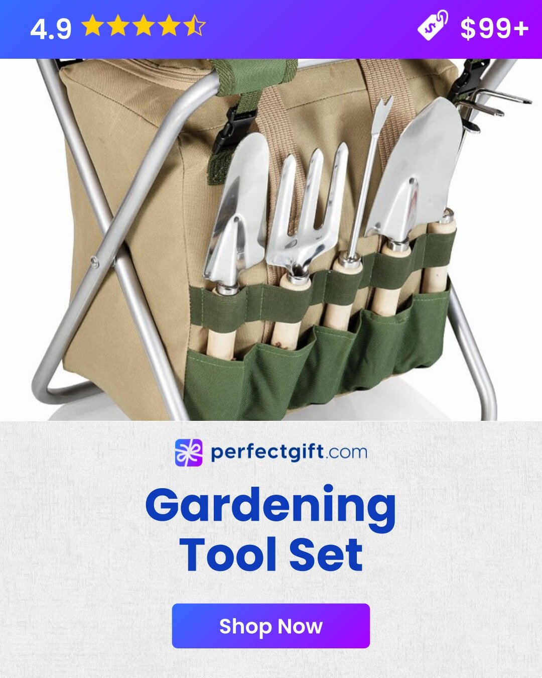 Garden tool set displayed alongside a compact folding chair, ideal for outdoor gardening activities.