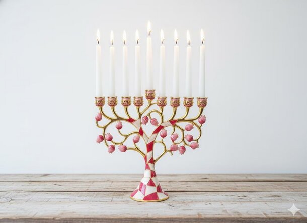 A pink and white menorah featuring five lit candles, symbolizing celebration and tradition.
