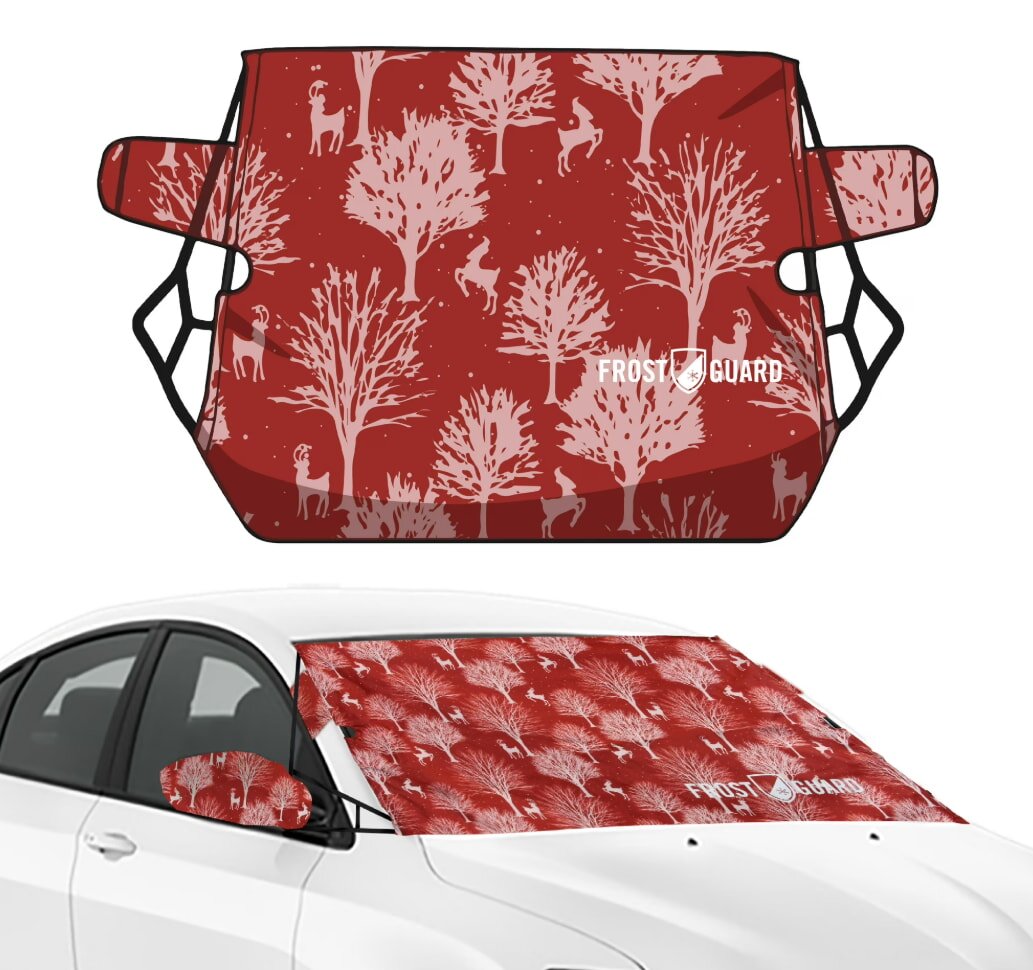 Red car windshield cover with white deer and tree pattern