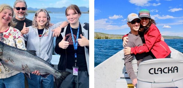 Two images show people on a boat, proudly holding a fish they caught during their fishing trip.
