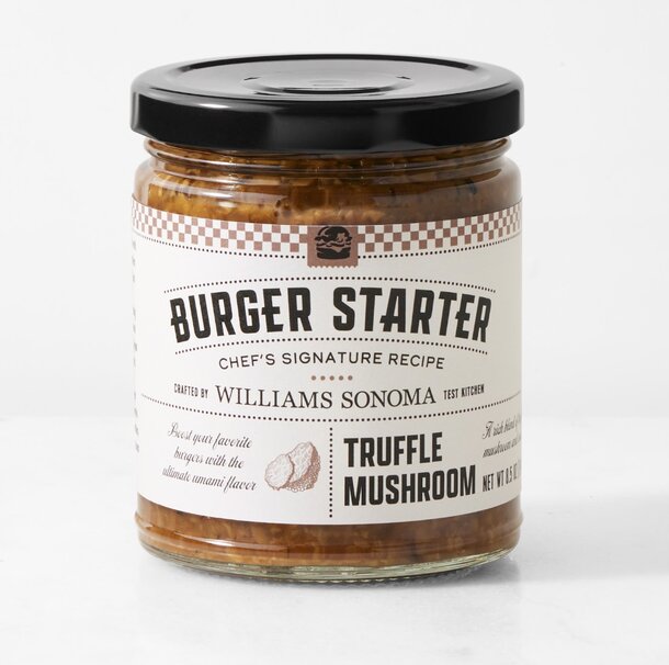 Gourmet mushroom truffle burger starter from Williams Sonoma, showcasing a deliciously crafted burger with rich flavors.