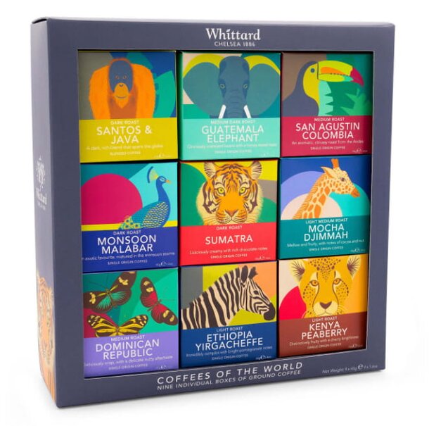 A neatly arranged Whitehall coffee box set featuring various coffee blends and accessories in an elegant presentation.