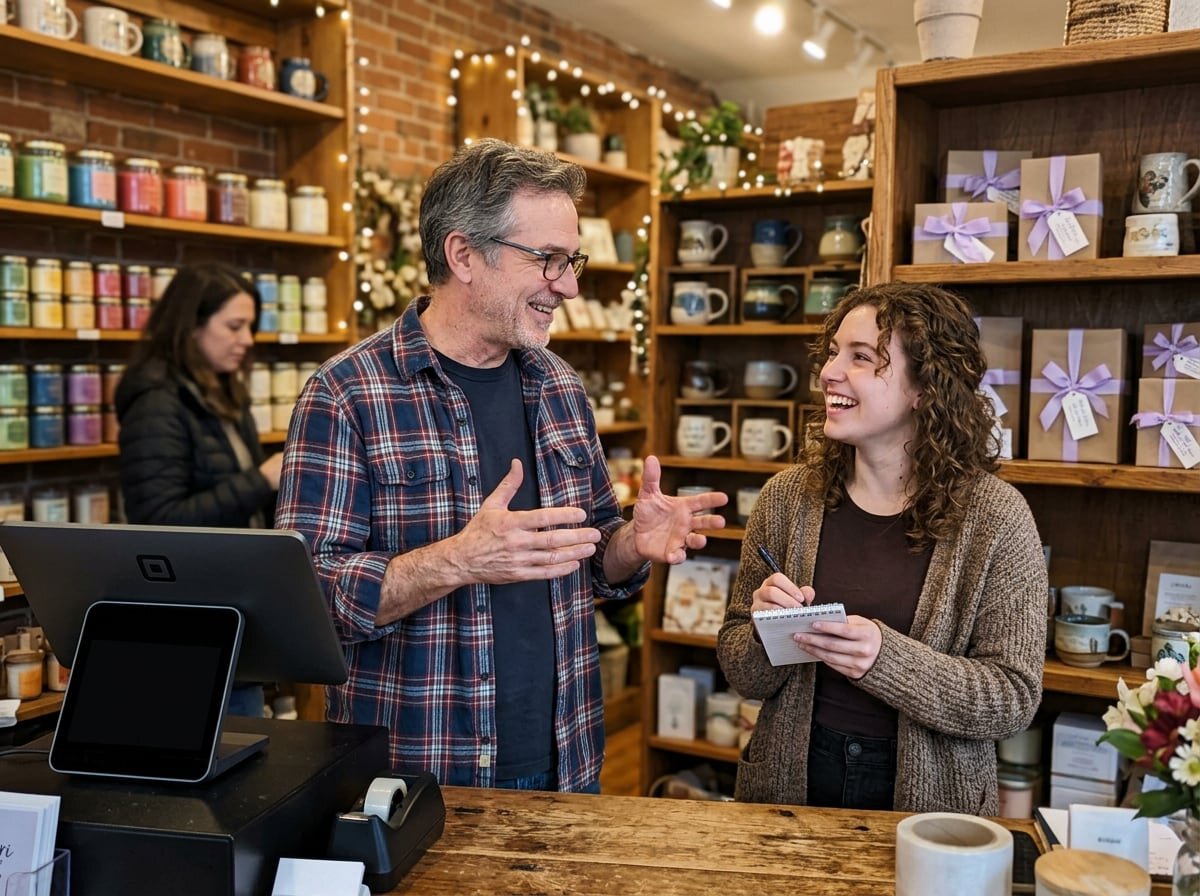 Gift shop owner explaining the checkout process to a new employee who takes notes and laughs at the counter