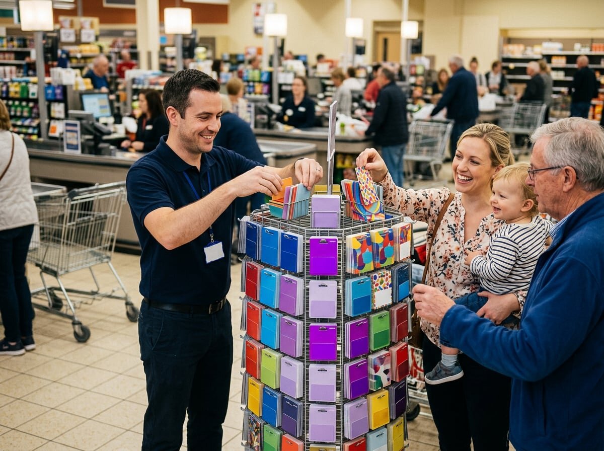 Shopper picking a gift card from a supermarket gift card rack while a store merchandiser restocks the display