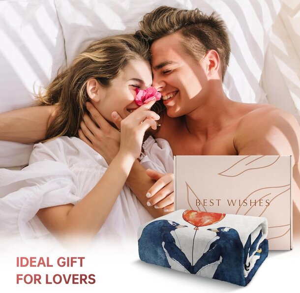 A couple snuggles in bed, accompanied by the text "ideal gift for lovers" above them.