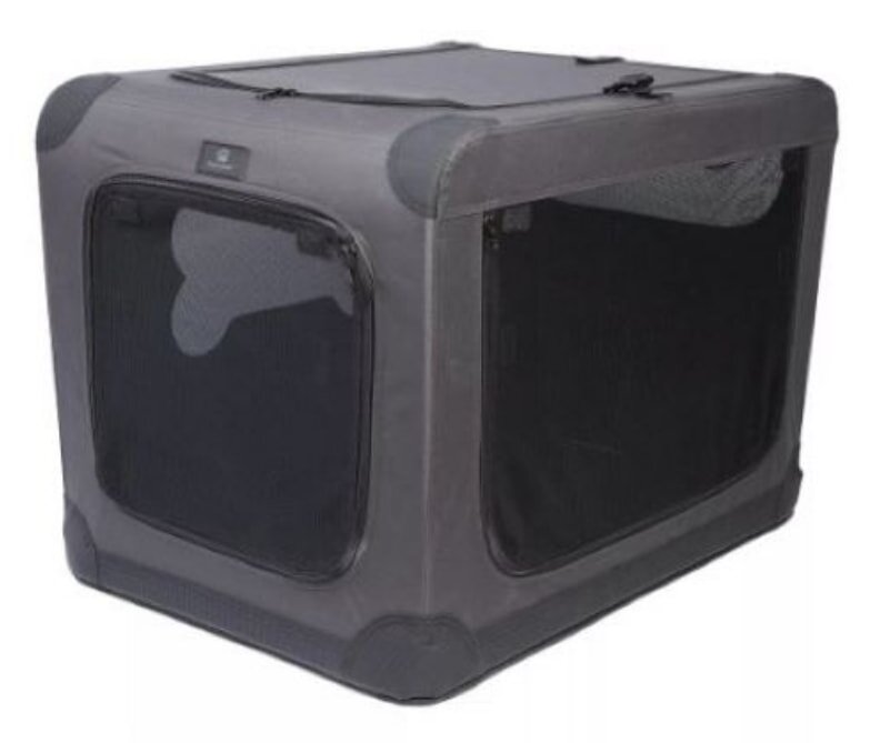 Grey pet carrier with mesh windows and rounded corners, designed for ventilation and easy carrying. The sturdy fabric and zippers suggest durability.