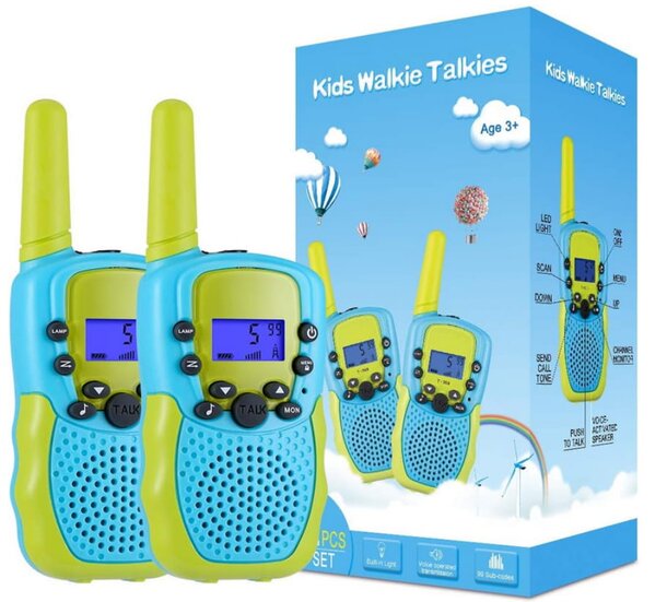 Two kids' walkie-talkies displayed in a box, showcasing their colorful design and features for communication.