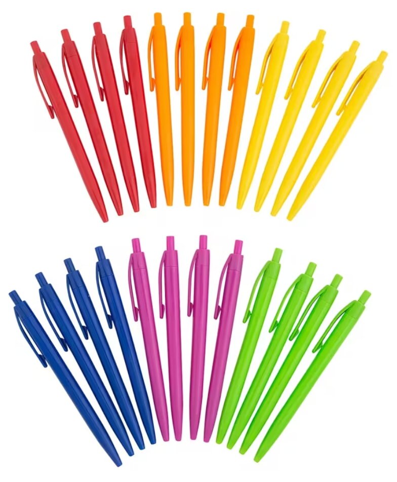 A semicircle of colorful pens on a white background, arranged by color: red, orange, yellow, blue, pink, green. The layout is neat and vibrant.
