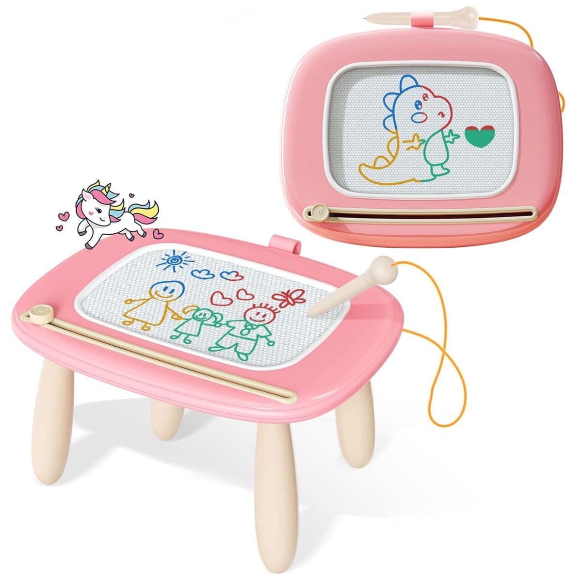 A pink drawing table featuring a drawing board and a pen, set up for artistic creation.